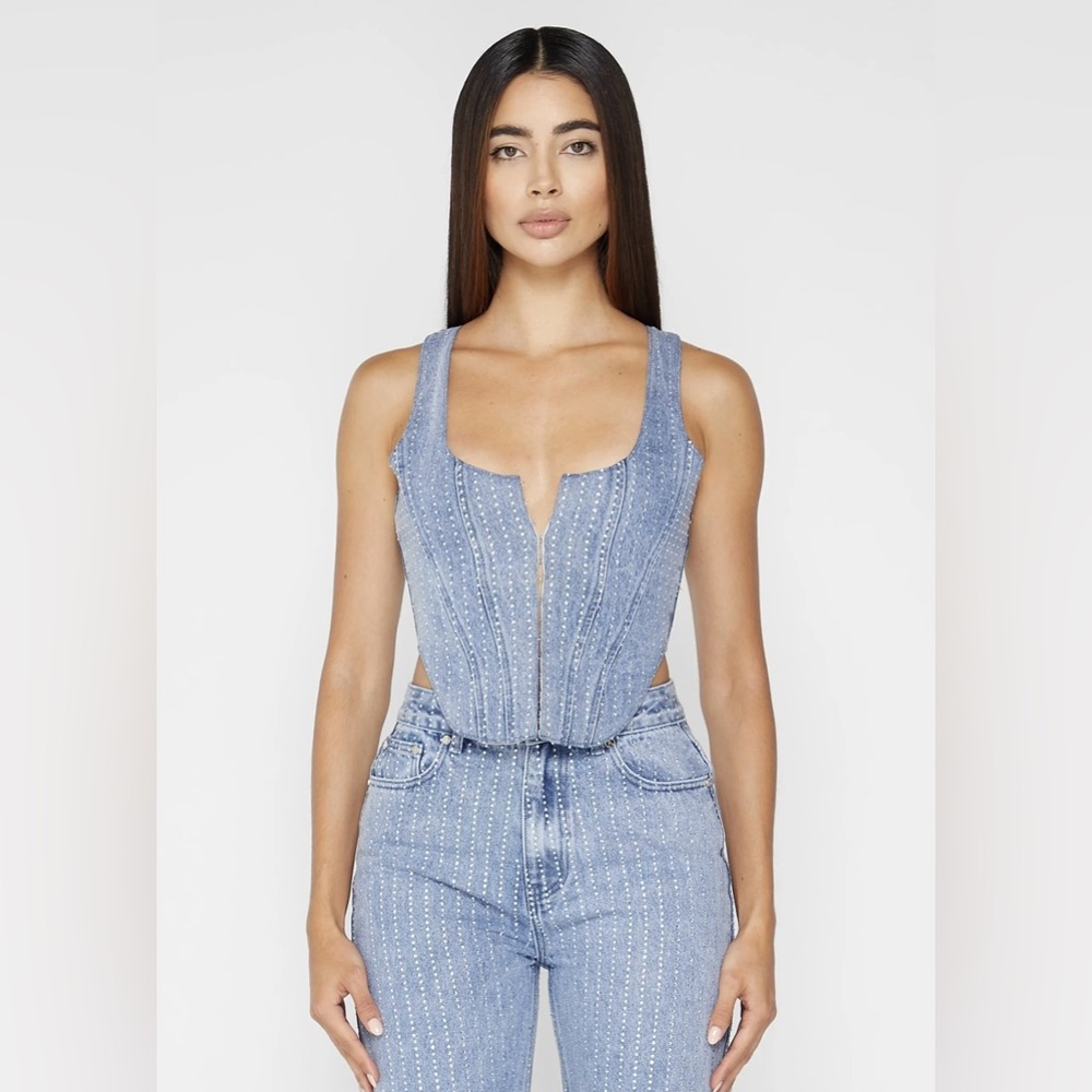 Mid Blue Rhinestone Denim Corset- Manière De Voir